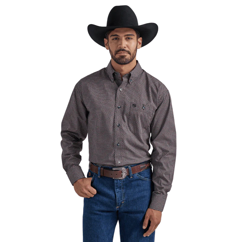Wrangler Men's George Strait Deep Red Geo print Long Sleeve Shirt