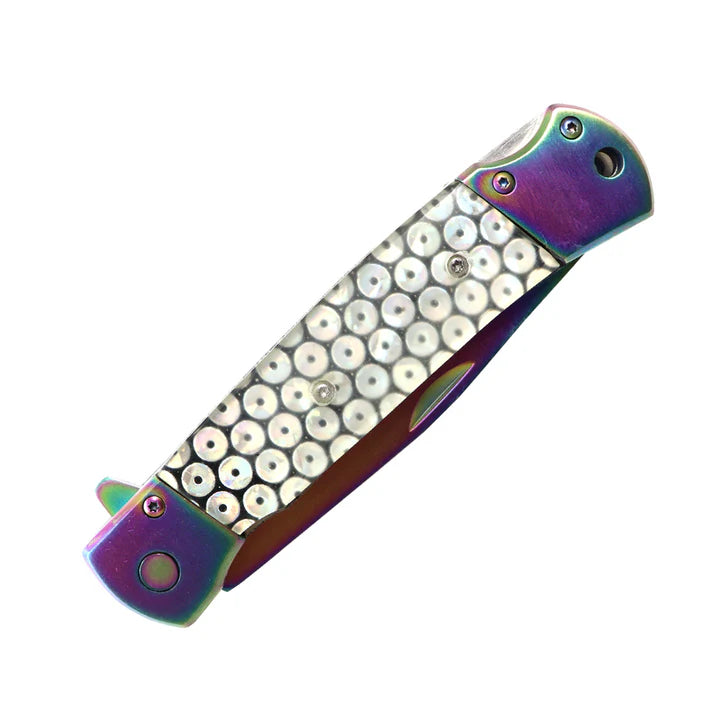**FINAL SALE** Defender-Xtreme 9" Rainbow Blade Glitter Handle Steel Bolster Spring Assisted Folding Knife